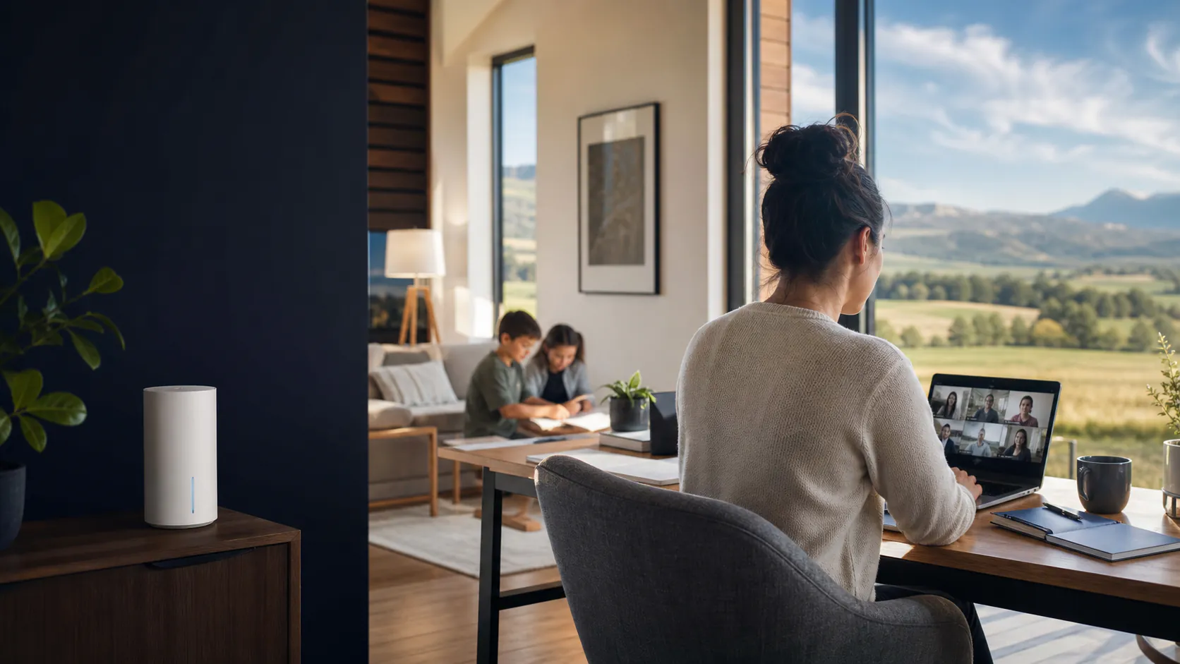 A person using home internet for a video call while family members work nearby