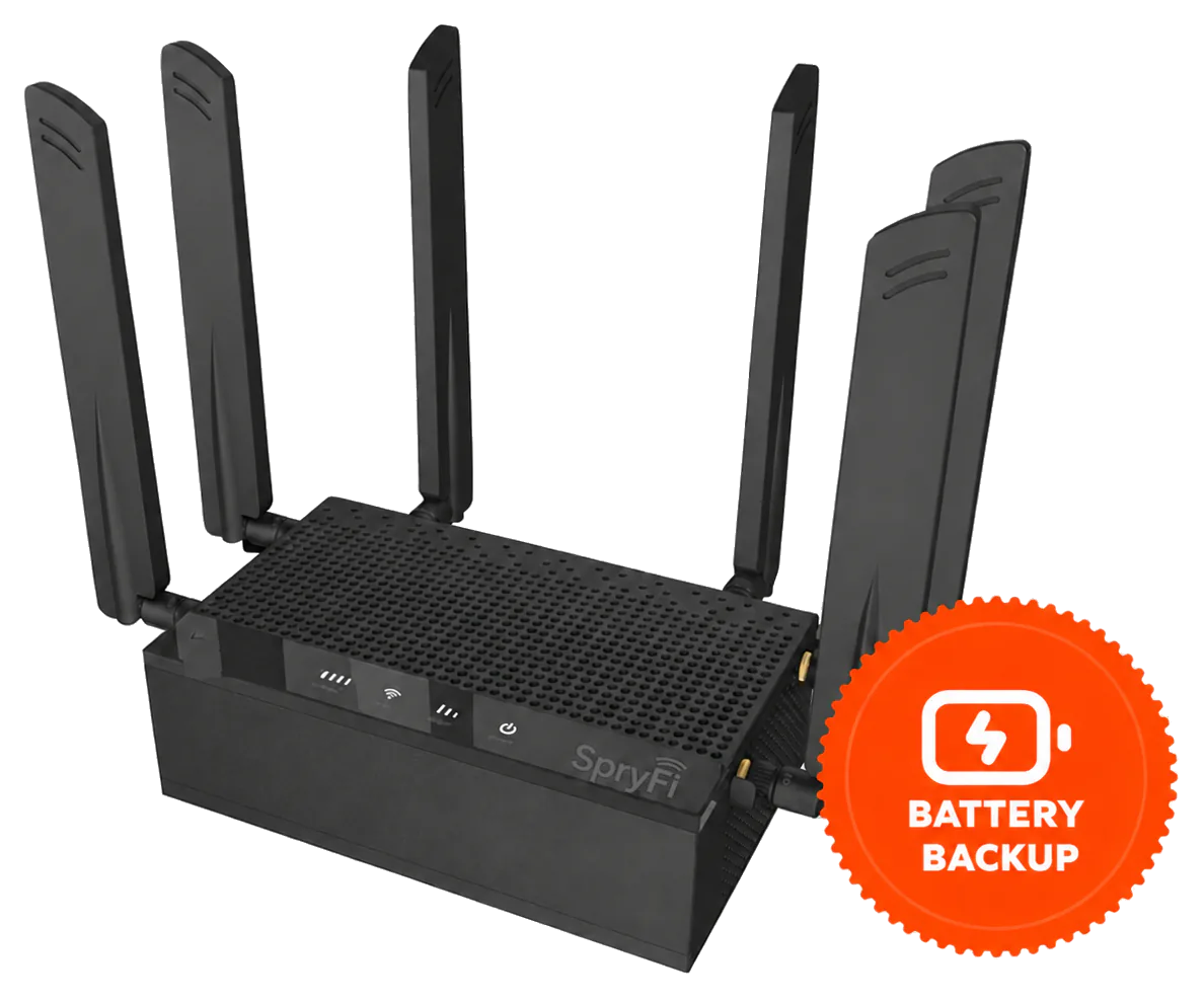 Black SpryFi home internet router with six antennas and battery backup